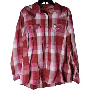 Wrangler red pink and white plaid button up shirt size XL